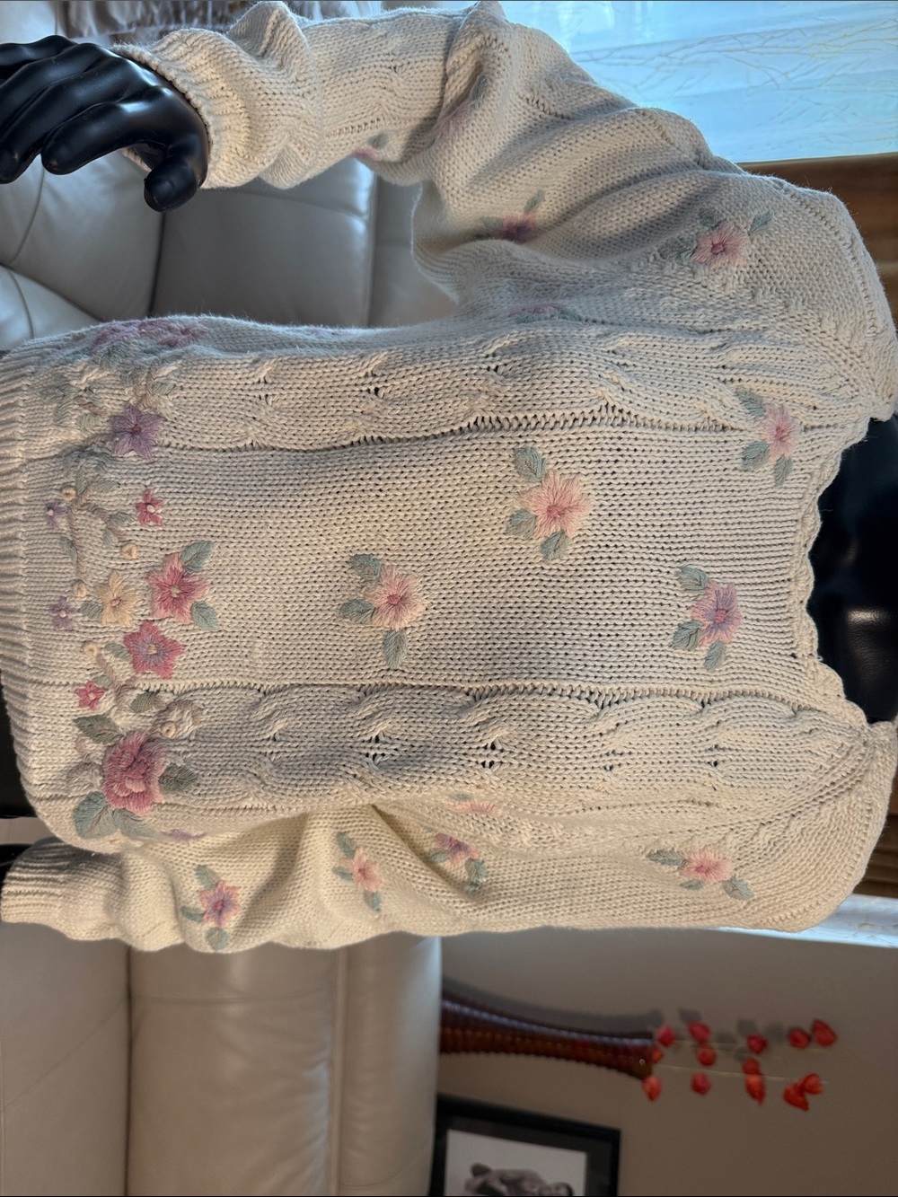 Cream Floral Embroidered Crewneck Sweater - Women